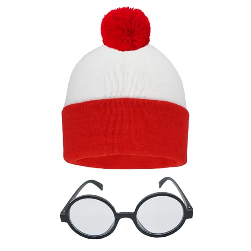 FHAEIOS 2-teiliges rot-weiß gestreifter Hut Halloween-Kostüm-Set für Männer und Frauen, Beanie-Mütze, Brille, Outfit, Anzug, Cosplay, Party-Zubehör von FHAEIOS