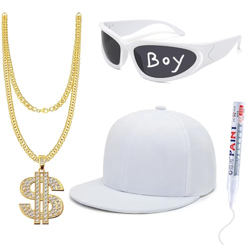 FHAEIOS Hip-Hop-Kostüm-Set, Rapper-Zubehör, 2000er-, 80er-, 90er-Jahre Outfit für Männer und Frauen, Halloween, Rapper, Sonnenbrille, Hut und Kette, 4-teilig von FHAEIOS