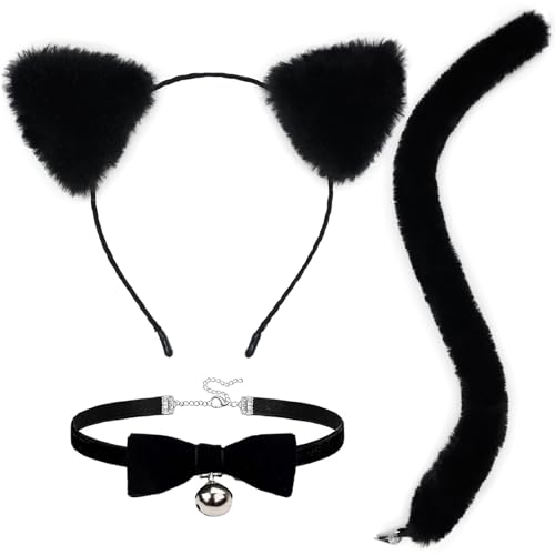 Katzenkostüm für Damen, schwarzes Katzenkostüm, Zubehör, Katzenohren, Stirnband und Schwanz, Glockenhalsband, Set, Halloween, Party, Cosplay, Kostüme für Erwachsene von FHAEIOS