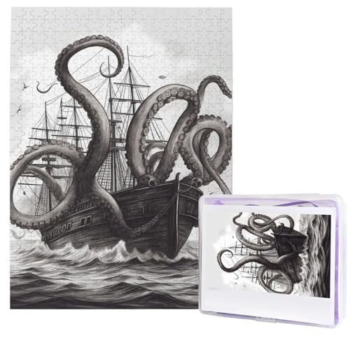 Black and White Octopus and Ship Puzzles 500 Pieces Jigsaw Puzzle from Photos, Challenging Puzzle for Adults, Personalized Wooden Puzzle Gifts for Family, Wedding Birthday 51.8 cmx38.1 cm von FHEDVBN