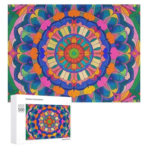 Buntes Mandala-Puzzle für Erwachsene, Holzpuzzle für Muttertag, Premium-Puzzle mit einzigartigem Kunst-Design, herausforderndes Gehirn-Teaser, Geburtstagsgeschenk für alle Altersgruppen, 500 Teile von FHESDCW