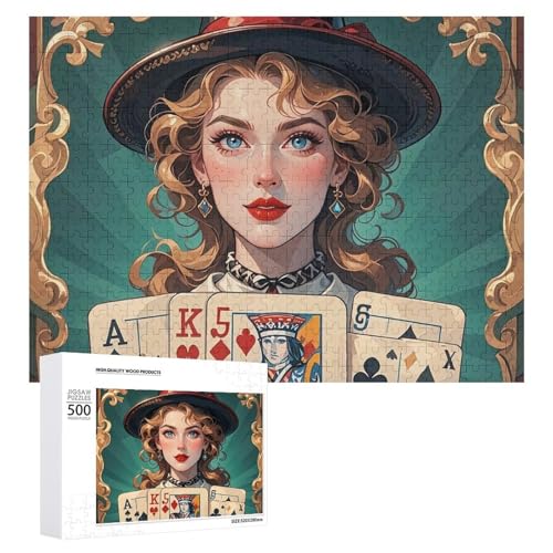 Damen-Pokerkarten-Puzzle für Erwachsene, Holzpuzzle für Muttertag, Premium-Puzzle mit einzigartigem Kunst-Design, herausforderndes Gehirn-Teaser, Geburtstagsgeschenk für alle Altersgruppen, 500 Teile von FHESDCW