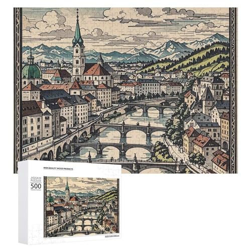 Salzburger Region Puzzle für Erwachsene, Holzpuzzle für Muttertag, Premium-Puzzle mit einzigartigem Kunstdesign, herausforderndes Gehirnaufaufen, Geburtstagsgeschenk für alle Altersgruppen, 500 Teile von FHESDCW