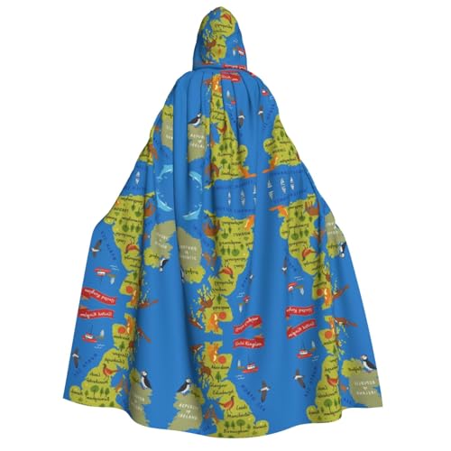 FHIZOAL Umhang mit Kapuze für Erwachsene, Motiv: Karte des Vereinigten Königreichs, Vampir, Hexe, Umhang, Halloween, Weihnachten, Cosplay, Kostüme, Themenpartys von FHIZOAL