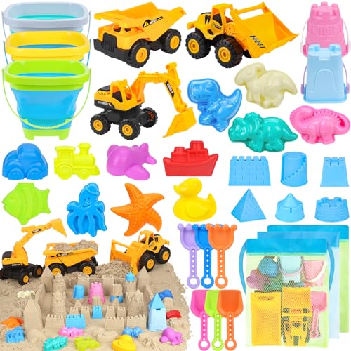FHOZGECY Strandspielzeug, 35 Teile Sandkastenspielzeug, Sandkastenspielzeug mit 3 Lastwagen, 3 faltbare Strandwürfel, Sandburgen-Spielzeug-Set, verschiedene Formen 50 FHOZGECY Strandspielzeug, 35 Teile Sandkastenspielzeug, Sandkastenspielzeug mit 3 Lastwagen, 3 faltbare Strandwürfel, Sandburgen-Spielzeug-Set, verschiedene Formen 50 von FHOZGECY
