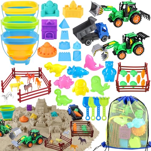 FHOZGECY Strandspielzeug, 45-teiliges Sandspielzeug, Sandkasten-Spielzeug mit 3 Bauern-Strandfahrzeugen, 3 faltbaren Sandeimern, Sandschloss-Set, Polartier-Dinosaurier-Formen, Reisespielzeug für FHOZGECY Strandspielzeug, 45-teiliges Sandspielzeug, Sandkasten-Spielzeug mit 3 Bauern-Strandfahrzeugen, 3 faltbaren Sandeimern, Sandschloss-Set, Polartier-Dinosaurier-Formen, Reisespielzeug für von FHOZGECY