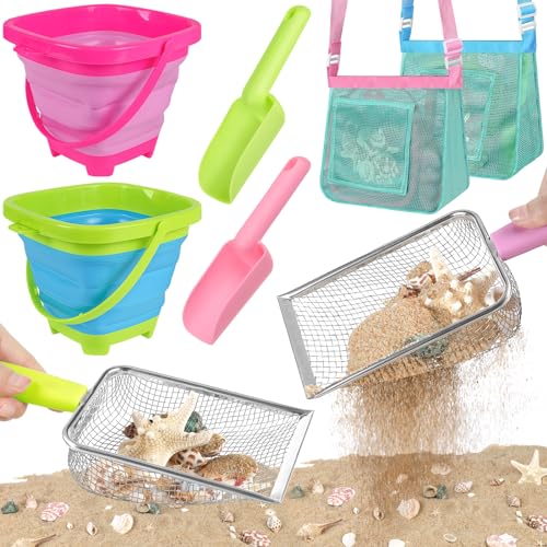 FHOZGECY Strandspielzeug, Sandspielzeug mit 2 faltbaren Strandeimer und Strandnetzschaufel, Sandschaufel, Haifischzahnsieb und Netztasche zum Muschelsammeln, Sandlöffel, Strandschaufel für Kinder von FHOZGECY