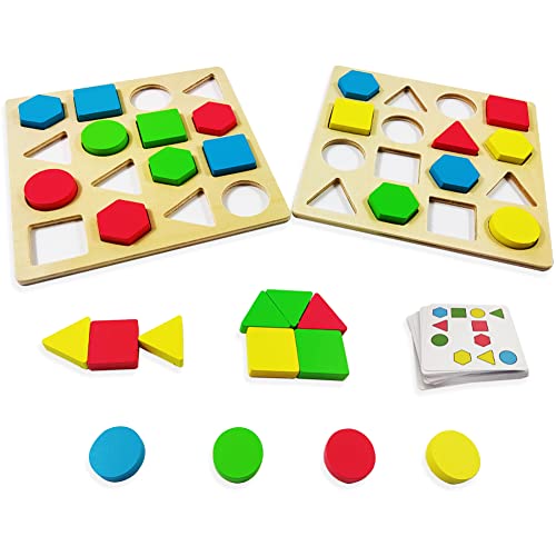 FIBOGOUP Montessori Spielzeug für 3 4 5 6 Jahre,2 Sets Spielzeug + 32 Lernkarten, Eltern und Kinder können zusammen Spielen, Kinder Lernen Formen und Farben, passendes Geschenk für Kinder von FIBOGOUP
