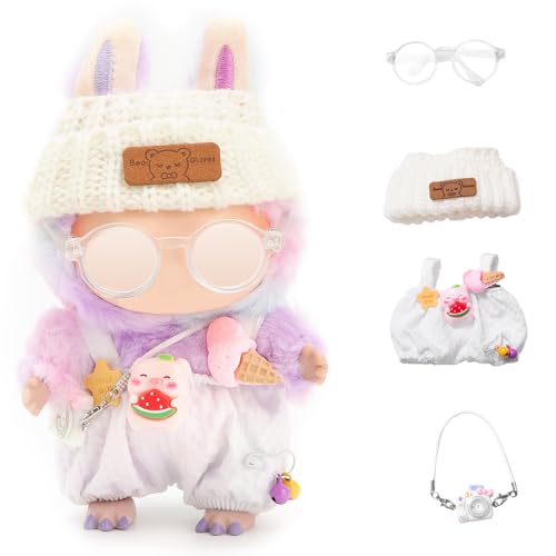 4pcs Puppen Kleidungsset für 17cm Plüsch Anhänger-Blind Box,Hut- und Overall-Brillenset für 17cm Blind Box-Figuren,, Blindbox-Figuren-Outfits-Zubehör(Weiß) von FIDWALL