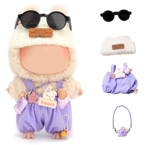 4pcs Puppen Kleidungsset für 17cm Plüsch Anhänger-Blind Box,Hut- und Overall-Brillenset für 17cm Blind Box-Figuren,, Blindbox-Figuren-Outfits-Zubehör (Lila) von FIDWALL
