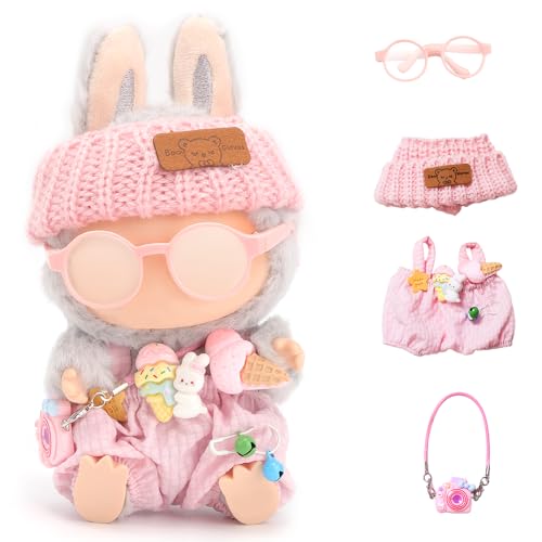 Puppen-Outfits für 17 cm große Plüsch-Anhänger, Blindbox-Figuren, Hut und Overall-Set für Blindbox-Puppe, mit Brille, Blindbox-Figuren, Kleidung, Dekoration, Zubehör (Rosa) von FIDWALL