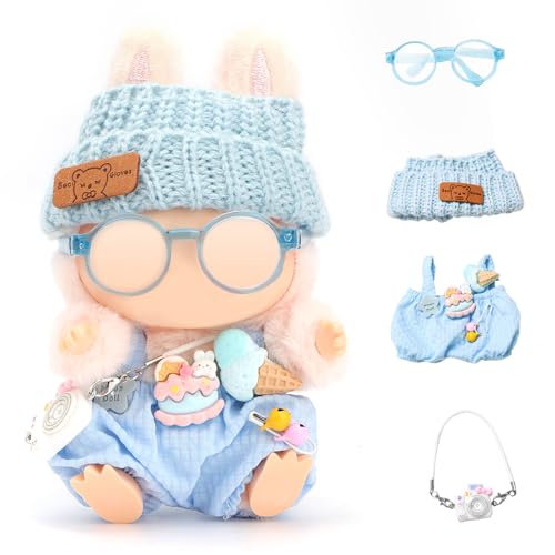 Puppen-Outfits für 17 cm große Plüsch-Anhänger, Blindbox-Figuren, Hut und Overall-Set für Blindbox-Puppe, mit Brille, Blindbox-Figuren, Kleidung, Dekoration, Zubehör (blau) von FIDWALL