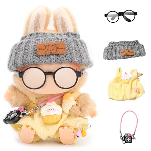 Puppen-Outfits für 17 cm große Plüsch-Anhänger, Blindbox-Figuren, Hut und Overall-Set für Blindbox-Puppe, mit Brille, Blindbox-Figuren, Kleidung, Dekoration, Zubehör (gelb) von FIDWALL