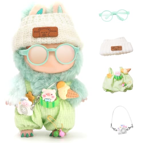 Puppen-Outfits für 17 cm große Plüsch-Anhänger, Blindbox-Figuren, Hut und Overall-Set für Blindbox-Puppe, mit Brille, Blindbox-Figuren, Kleidung, Dekoration, Zubehör (grün) von FIDWALL