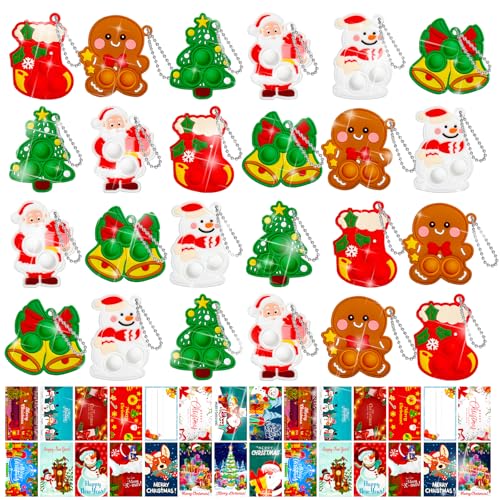 FIDWOD 24 Stück Weihnachts-Partytütenfüller für Kinder: Pop-Fidget-Spielzeug, Geschenke für Jungen und Kinder – 24 Stück Strumpffüller, Schlüsselanhänger mit 24 Karten und 50 Stück Aufklebern von FIDWOD