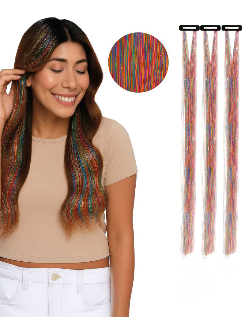 3 Lametta Haarsträhnen Bunt, 50 cm, Set mit 3 Clips für alle von FIESTAS GUIRCA, S.L.