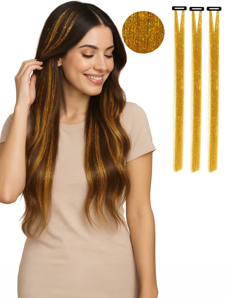 3 glitzernde goldene Haarsträhnen Clip in Extensions 50 cm von FIESTAS GUIRCA, S.L.