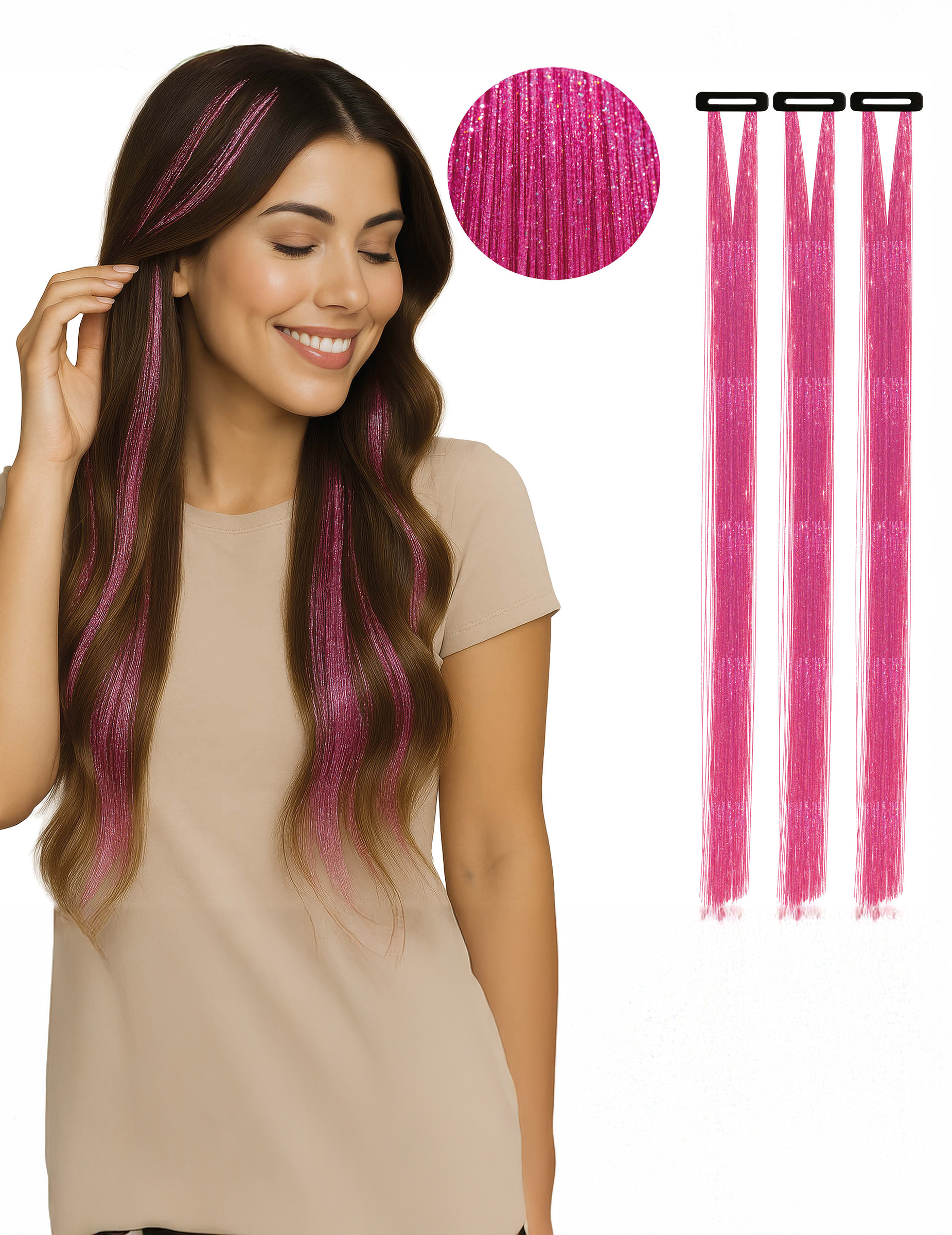3 glitzernde rosa Haarsträhnen Clip in Extensions 50 cm von FIESTAS GUIRCA, S.L.