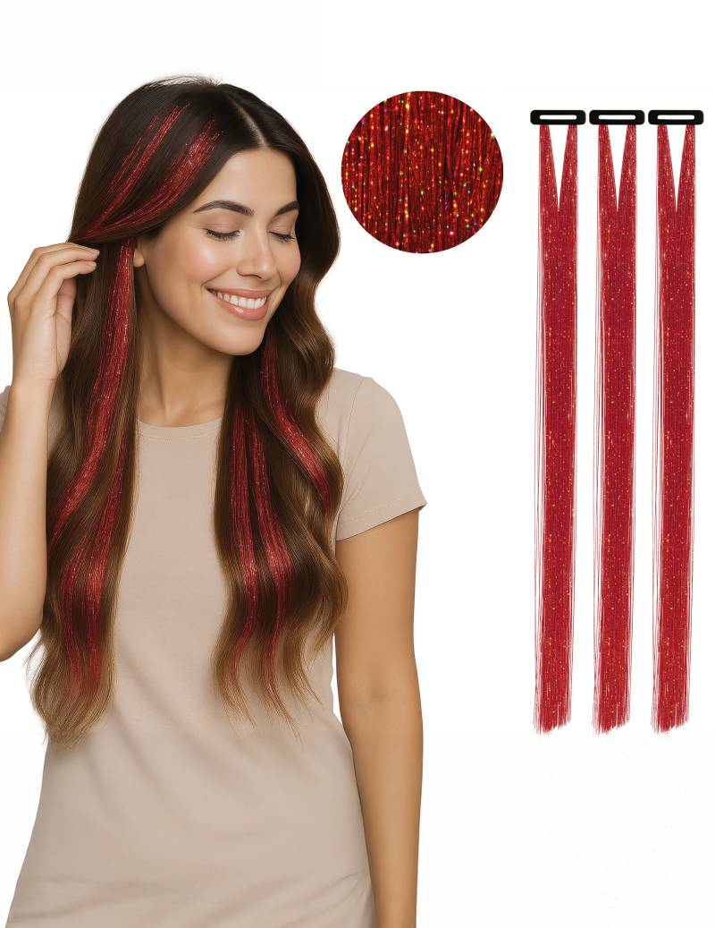 3 rote glänzende Strähnen Accessoire 50 cm 3 rote glänzende Strähnen Accessoire 50 cm von FIESTAS GUIRCA, S.L.