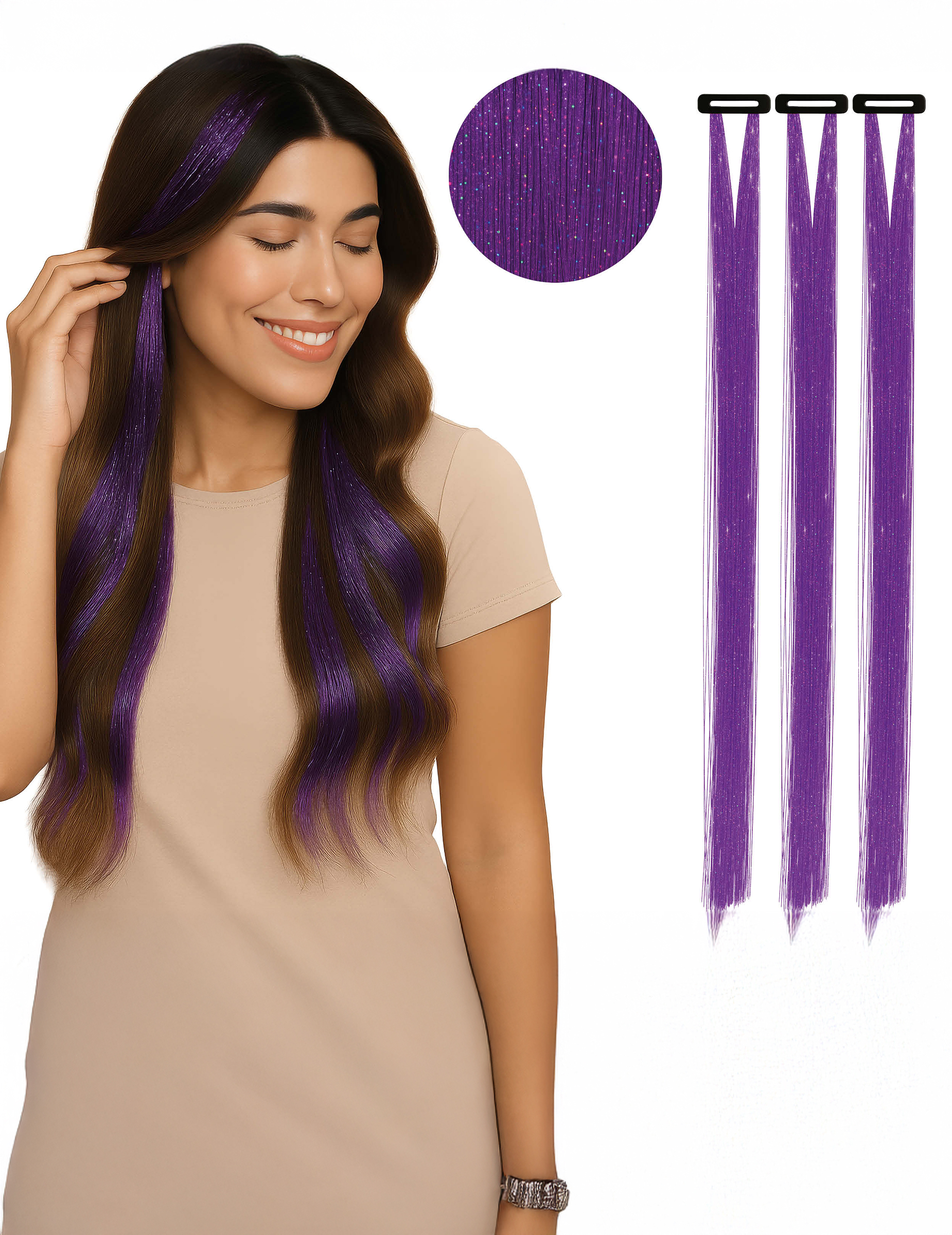 3 violette Haar Extensions mit Glitzer 50cm Ideal für Party Fasching + Co von FIESTAS GUIRCA, S.L.