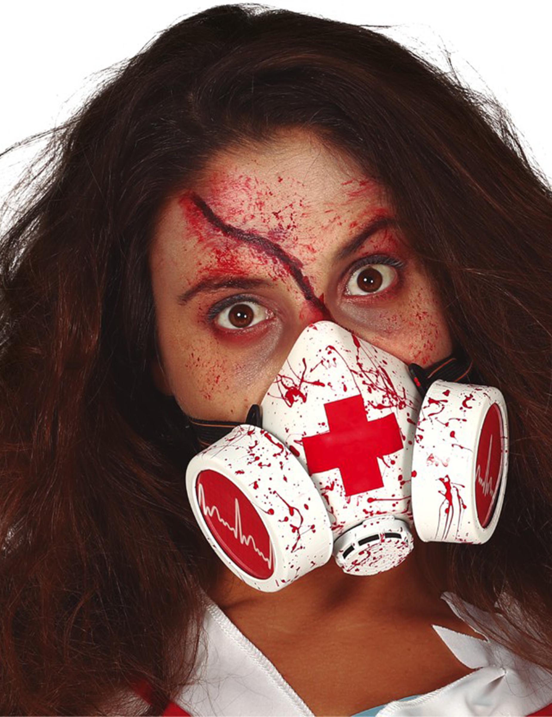 Blutige Gasmaske für Erwachsene Zombie-Krankenschwester weiß-rot-schwarz von FIESTAS GUIRCA, S.L.