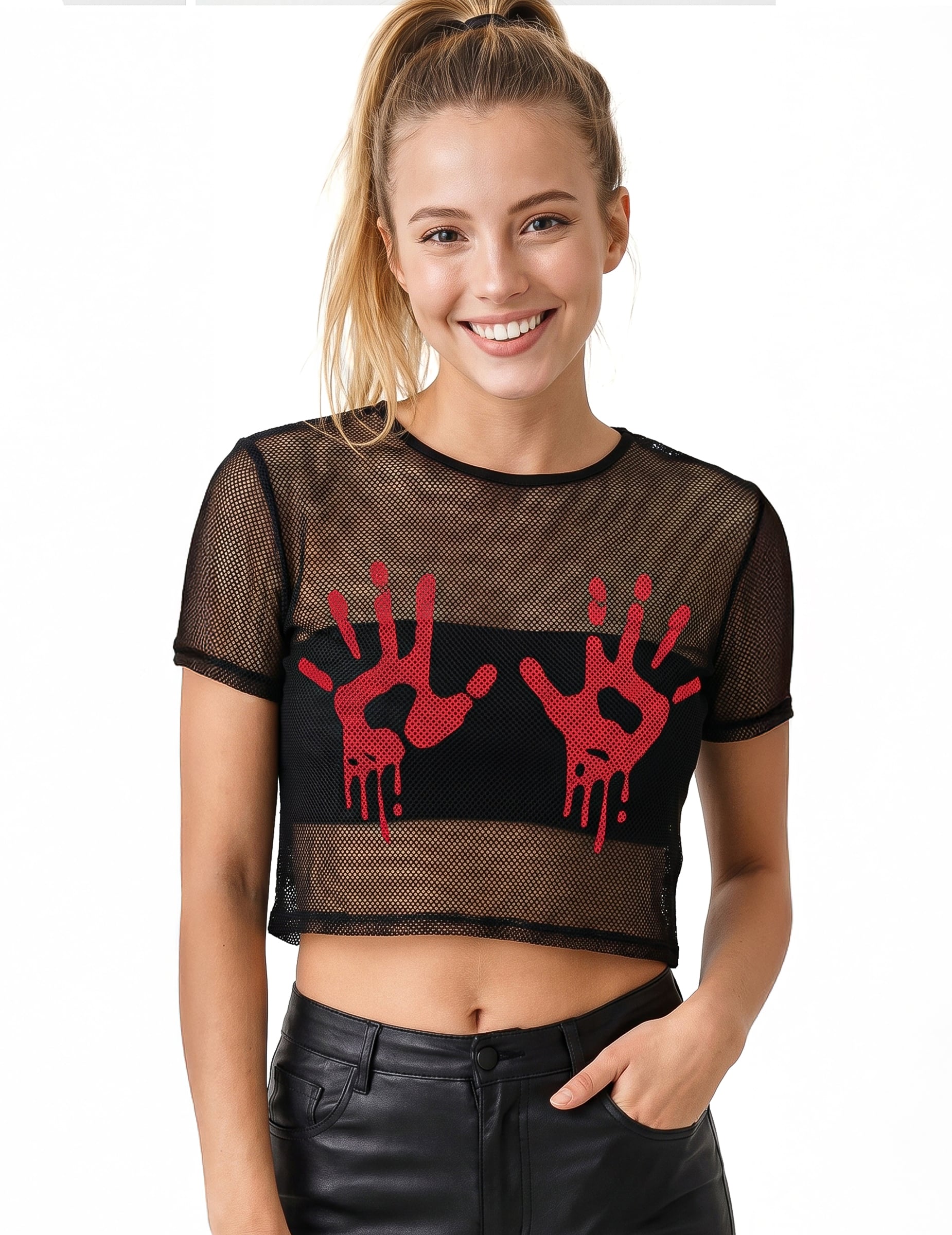 Crop Top aus schwarzem Netz mit blutigen Händen für Erwachsene von FIESTAS GUIRCA, S.L.
