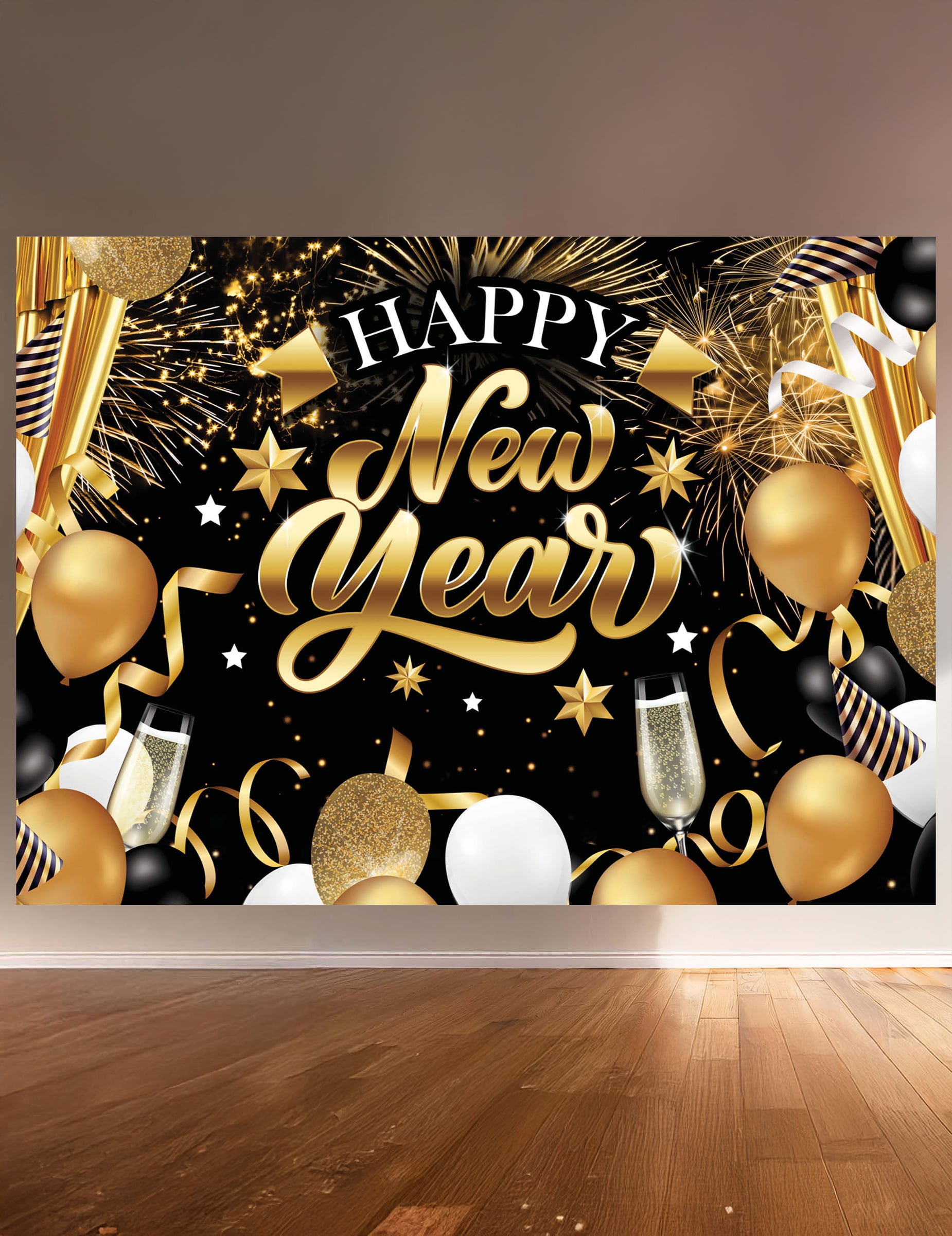 Fotohintergrund Happy New Year Schwarz Gold 220 x 150 cm von FIESTAS GUIRCA, S.L.