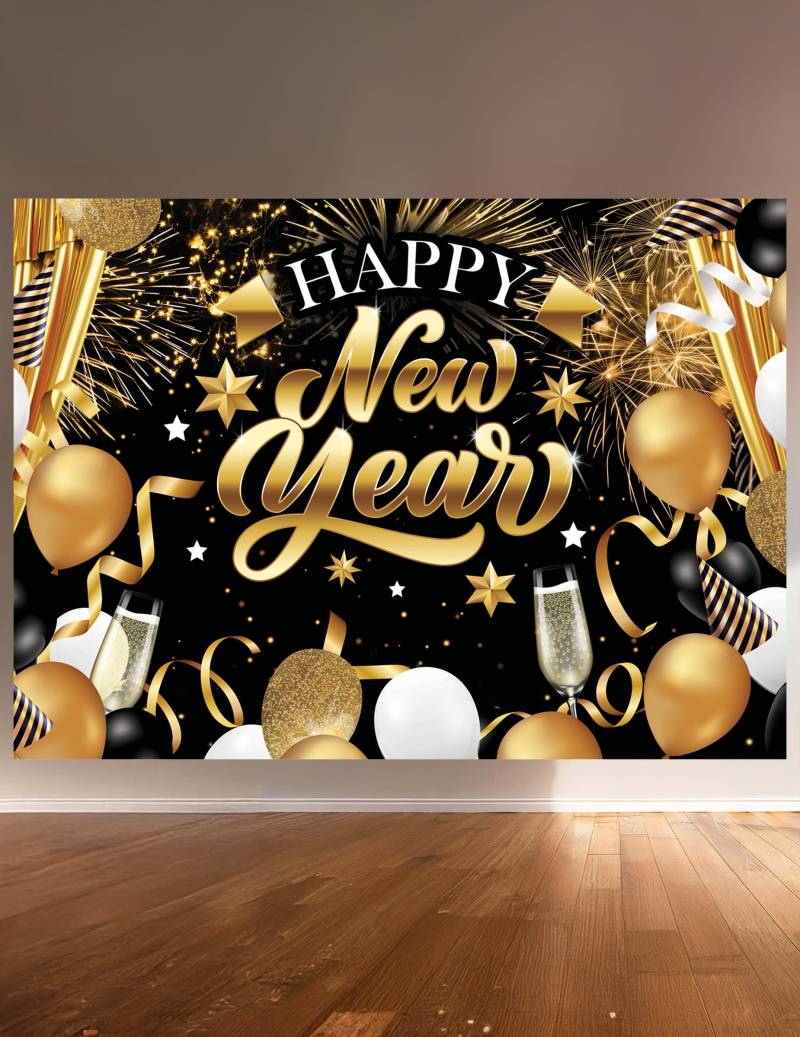 Fotohintergrund Happy New Year Schwarz Gold 220 x 150 cm von FIESTAS GUIRCA, S.L.
