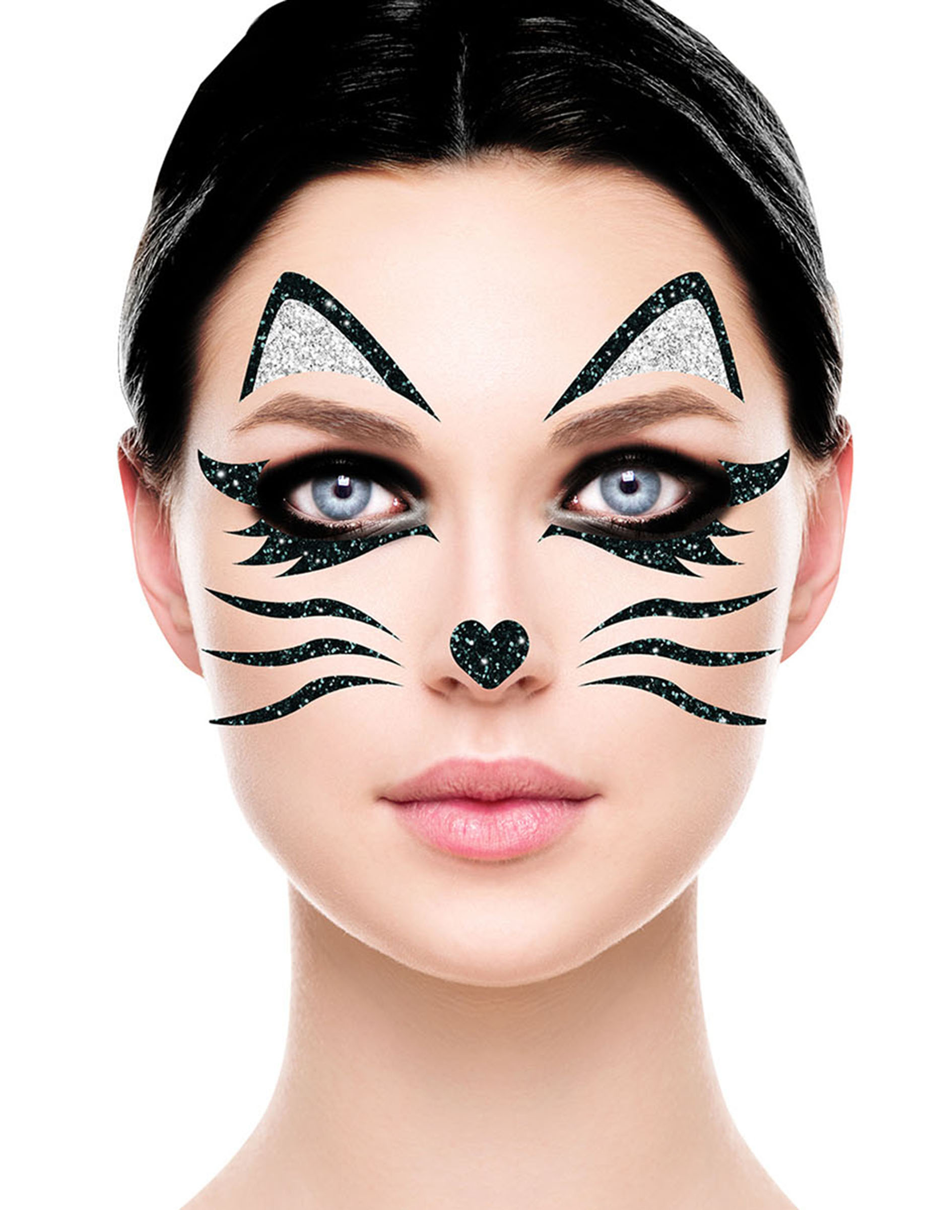 Katzen-Tattoos selbstklebend Make-Up Kostümaccessoire silber-schwarz von FIESTAS GUIRCA, S.L.