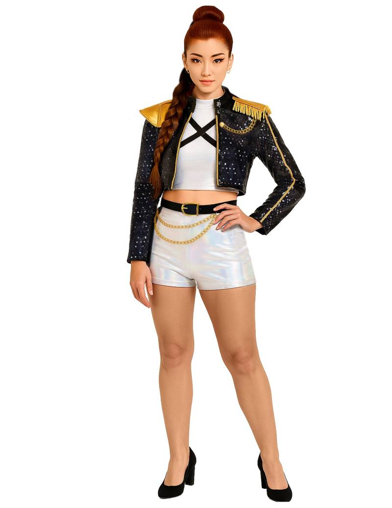 Kpop Star Kostüm Erwachsene Glitzer weiß-schwarz-gold von FIESTAS GUIRCA, S.L.