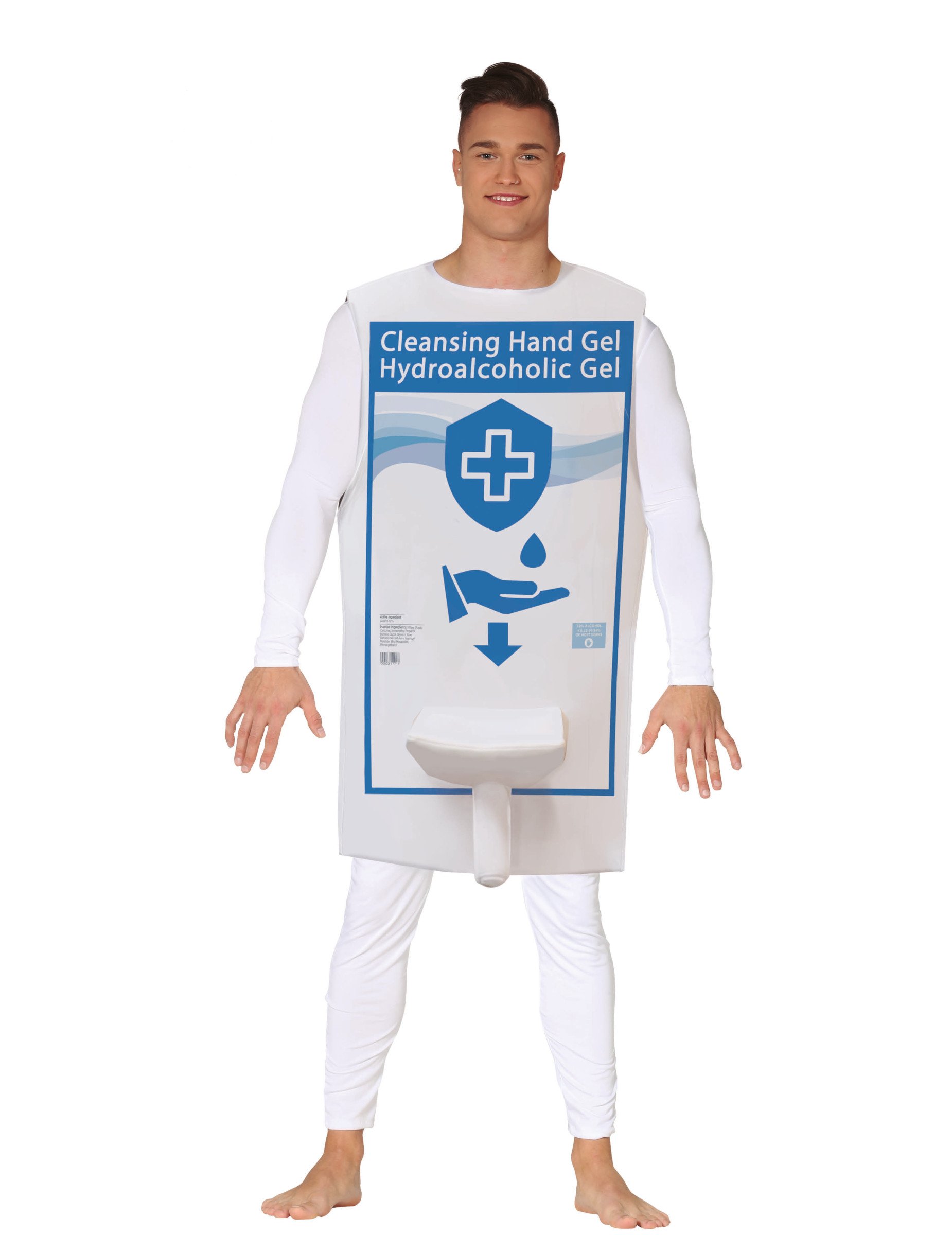Lustiger Desinfektionsspender Corona-Kostüm für Erwachsene weiß-blau von FIESTAS GUIRCA, S.L.