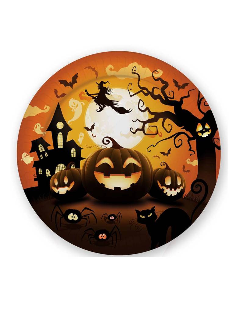 Pappteller Halloween-Deko Gruselschloss 6 Stück orange-schwarz 23 cm von FIESTAS GUIRCA, S.L.