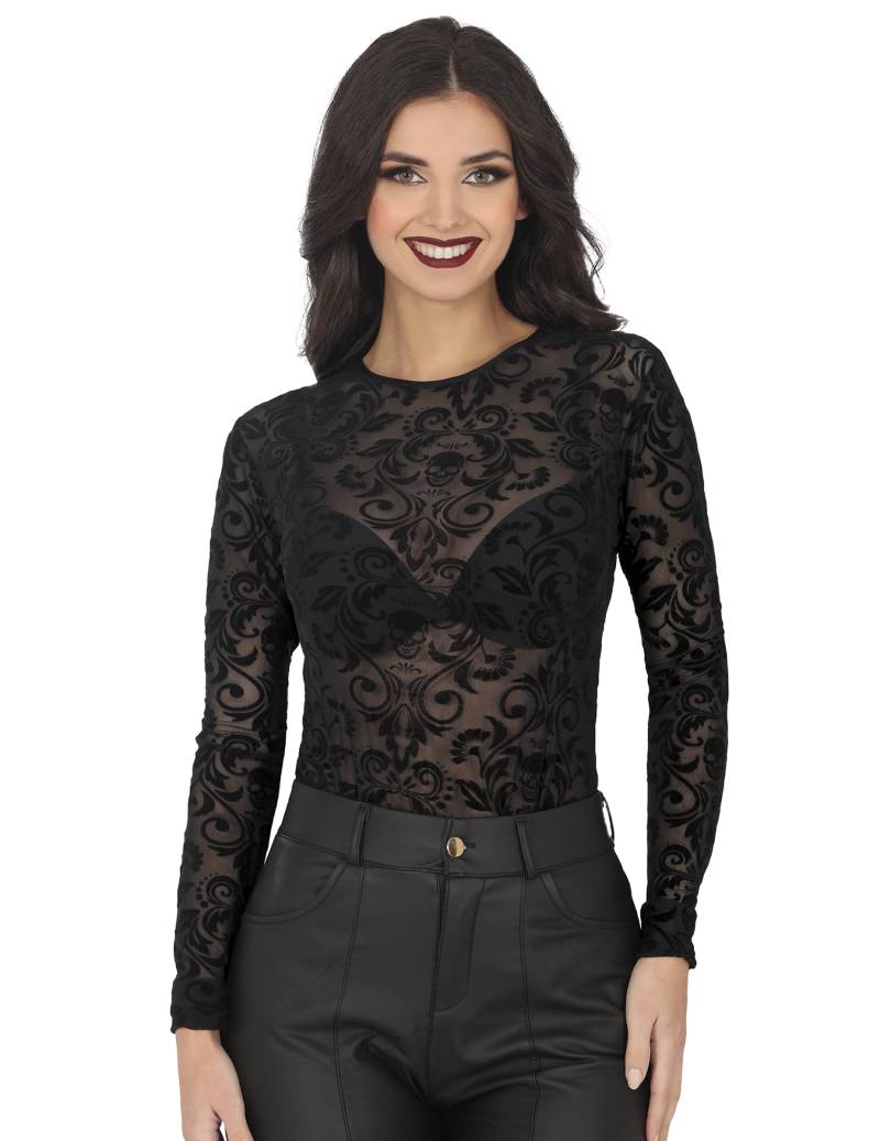 Schwarzer Netz-Body mit Totenkopf-Motiven für Damen von FIESTAS GUIRCA, S.L.