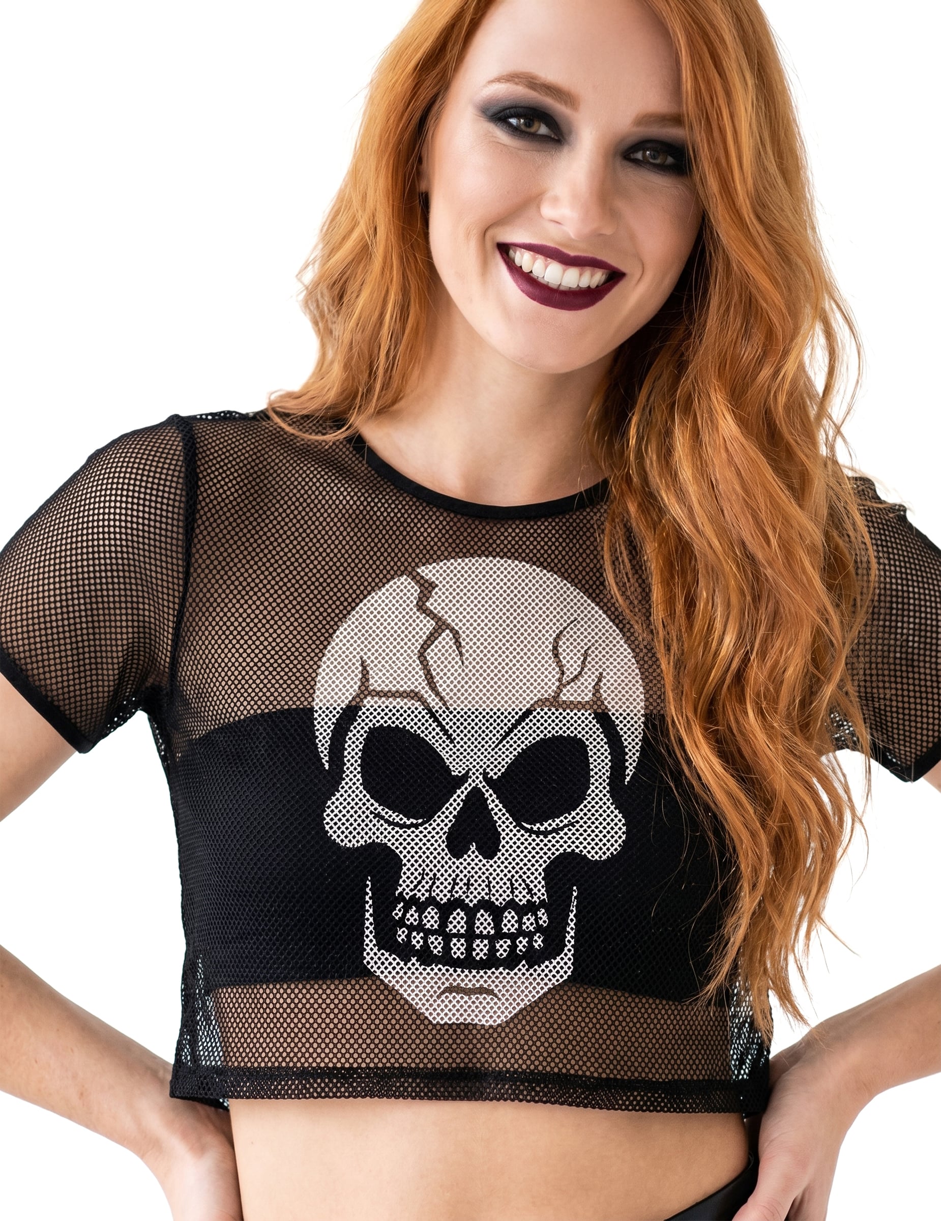 Schwarzes Netz Crop Top mit Totenkopf f ur Erwachsene von FIESTAS GUIRCA, S.L.