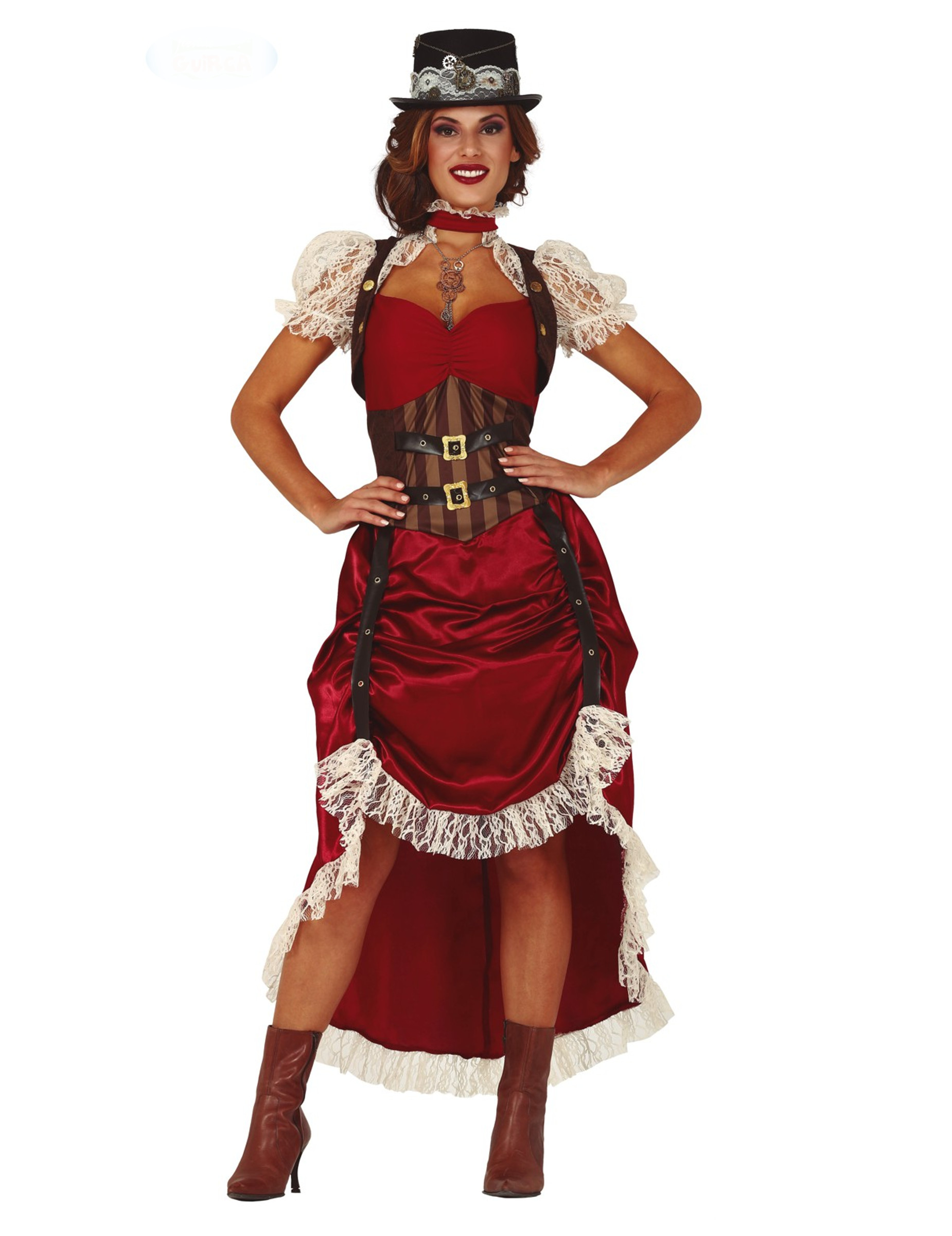 Steampunk-Kostüm für Damen Saloon-Dame Steampunk-Kleid rot-braun-weiss von FIESTAS GUIRCA, S.L.