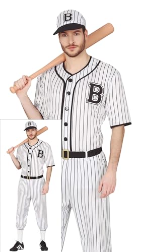 Fiestas Guirca Baseball Kostüm Herren für Fasching, Karneval, Themen Partys - Größe M 48 – 50 - Sportler Kostüm Erwachsene - Mütze, Baseball Hemd, Baseball Hose mit Gürtel - Baseball Uniform Männer von Fiestas Guirca