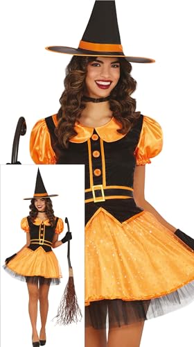 FIESTAS GUIRCA Bezaubernde Hexe Halloween Kostüm Damen – Hexenhut und Orange Kleid mit Glitzernden Sternen – Halloween Kostüm Dame L 40-42 von FIESTAS GUIRCA