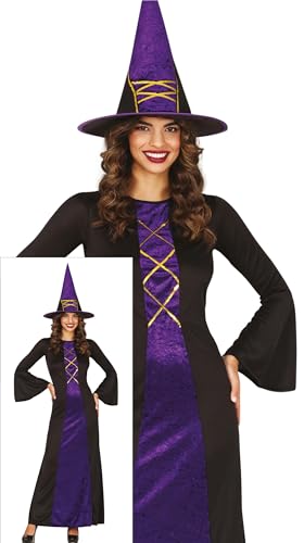 FIESTAS GUIRCA Bezaubernde Lila Hexe Halloween Kostüm Damen – Hexenhut und Langes Hexenkleid – Halloween Kostüm Dame M 36-38 von FIESTAS GUIRCA