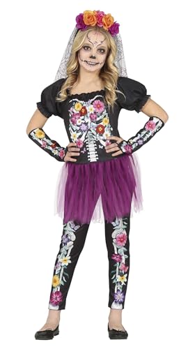 FIESTAS GUIRCA Blumen Skelett-Kostüm für Mädchen - Blumenmuster Kleid mit Tutu, Hose und Handschuhe 10–12 Jahre von FIESTAS GUIRCA