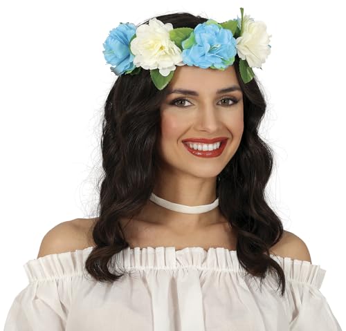 FIESTAS GUIRCA | Blumenkranz in Blau und Weiß (20 cm) - Kostümzubehör für Sommerpartys - Ideal für Hawaiianische und Tropische Feiern - Unisex für Erwachsene - Blau und Weiß von FIESTAS GUIRCA
