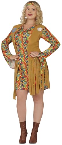 FIESTAS GUIRCA Blumiges Hippie Kostüm Damen – 70er Hippie Outfit Damen – Kurzes Hippie Kleid mit angenähter Fransenweste – 60er Jahre Hippie Kleidung Damen Größe XL 44-46 von FIESTAS GUIRCA
