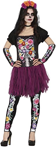 Fiestas GUiRCA Blumiges Tag der Toten Skelett Kostüm – Inkl. Blumen Kleid, Ärmel und Leggings – Halloween Kostüm Erwachsene Damen Größe 36-38 M von Fiestas GUiRCA