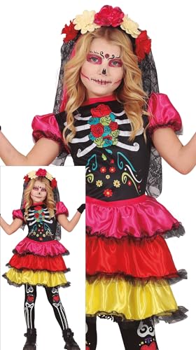 FIESTAS GUIRCA Buntes Tag der Toten Halloween Kostüm Kinder – Skelett Kleid Día De Los Muertos – Kostüm Kinder Halloween Mädchen 3-4 Jahre von FIESTAS GUIRCA