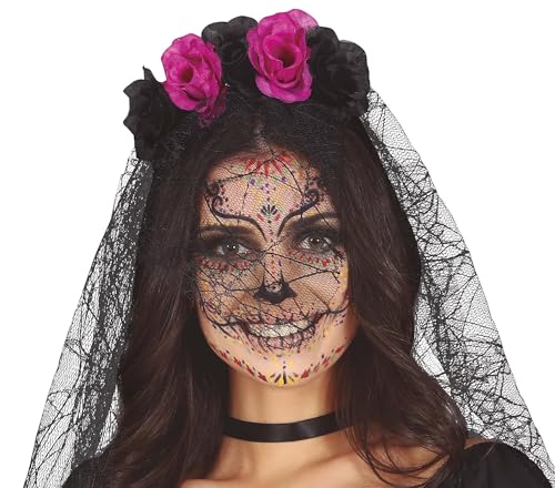 FIESTAS GUIRCA Catrina Damen-Stirnband mit schwarzem Schleier, Halloween und Haarreif, schwarze und lila Blumen, Bunt FIESTAS GUIRCA Catrina Damen-Stirnband mit schwarzem Schleier, Halloween und Haarreif, schwarze und lila Blumen, Bunt von FIESTAS GUIRCA