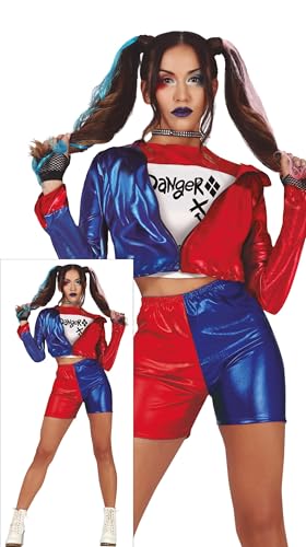 FIESTAS GUIRCA Dangerous Glam Girl - Harlekin-Outfit in Rot, Blau und Weiß Kostüm Erwachsene Damen Größe M 36-38 von FIESTAS GUIRCA