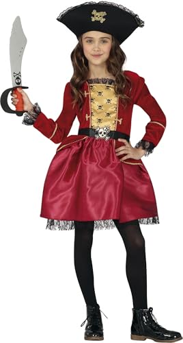 Fiestas GUiRCA Deluxe Piratenkostüm Mädchen - Alter 7-9 J. - Kostüm Pirat Mädchen inkl. weinrotes Kleid u. Piraten Hut - Piratenkostüm Kinder Mädchen für Karneval, Fasching, Fastnacht, Halloween von Fiestas GUiRCA