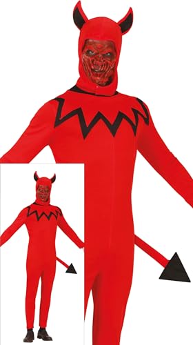 FIESTAS GUIRCA Diabolischer Dämon Halloween Kostüm Herren – Teufelshörner Kapuze, Roter Overall, Teufelsschwanz – Teufel Kostüm Herren Halloween M 48-50 von FIESTAS GUIRCA