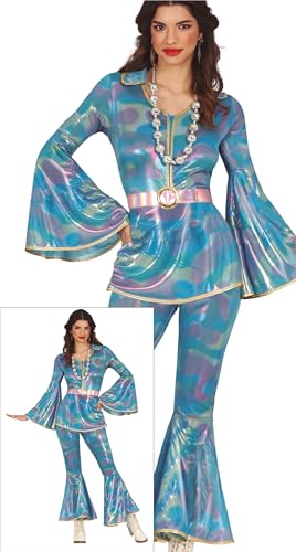 FIESTAS GUIRCA Disco Queen Karnevalskostüm Damen – Metallic Blau 70er Outfit mit Holographischen Effektt – Glänzendes 60er Faschingskostüm Erwachsene Damen Größe S von FIESTAS GUIRCA