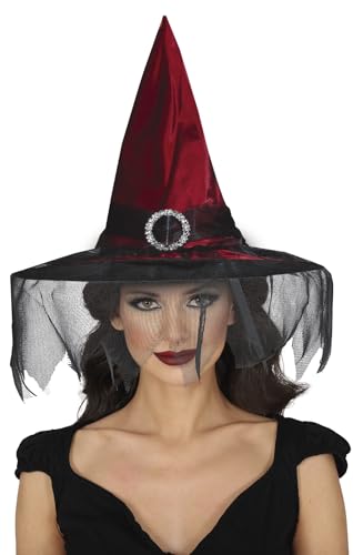 FIESTAS GUIRCA | Dunkelroter Hexenhut mit Schleier - Zubehör für Hexenkostüm für Halloween und Kostümpartys - Ideal für Erwachsene - Rot von FIESTAS GUIRCA