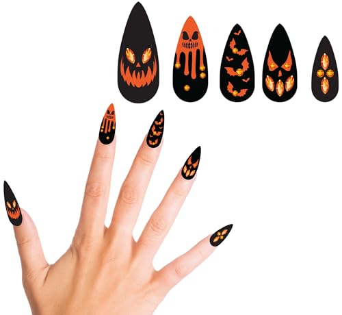 FIESTAS GUIRCA | Edle Kürbis Fingernägel mit glitzerndem Schmuck für Halloween - Set 12 Nägel mit Kleber - Selbstklebende Künstliche Nägel für Kostümpartys und Feiern - Schwarz und Orange FIESTAS GUIRCA | Edle Kürbis Fingernägel mit glitzerndem Schmuck für Halloween - Set 12 Nägel mit Kleber - Selbstklebende Künstliche Nägel für Kostümpartys und Feiern - Schwarz und Orange von FIESTAS GUIRCA